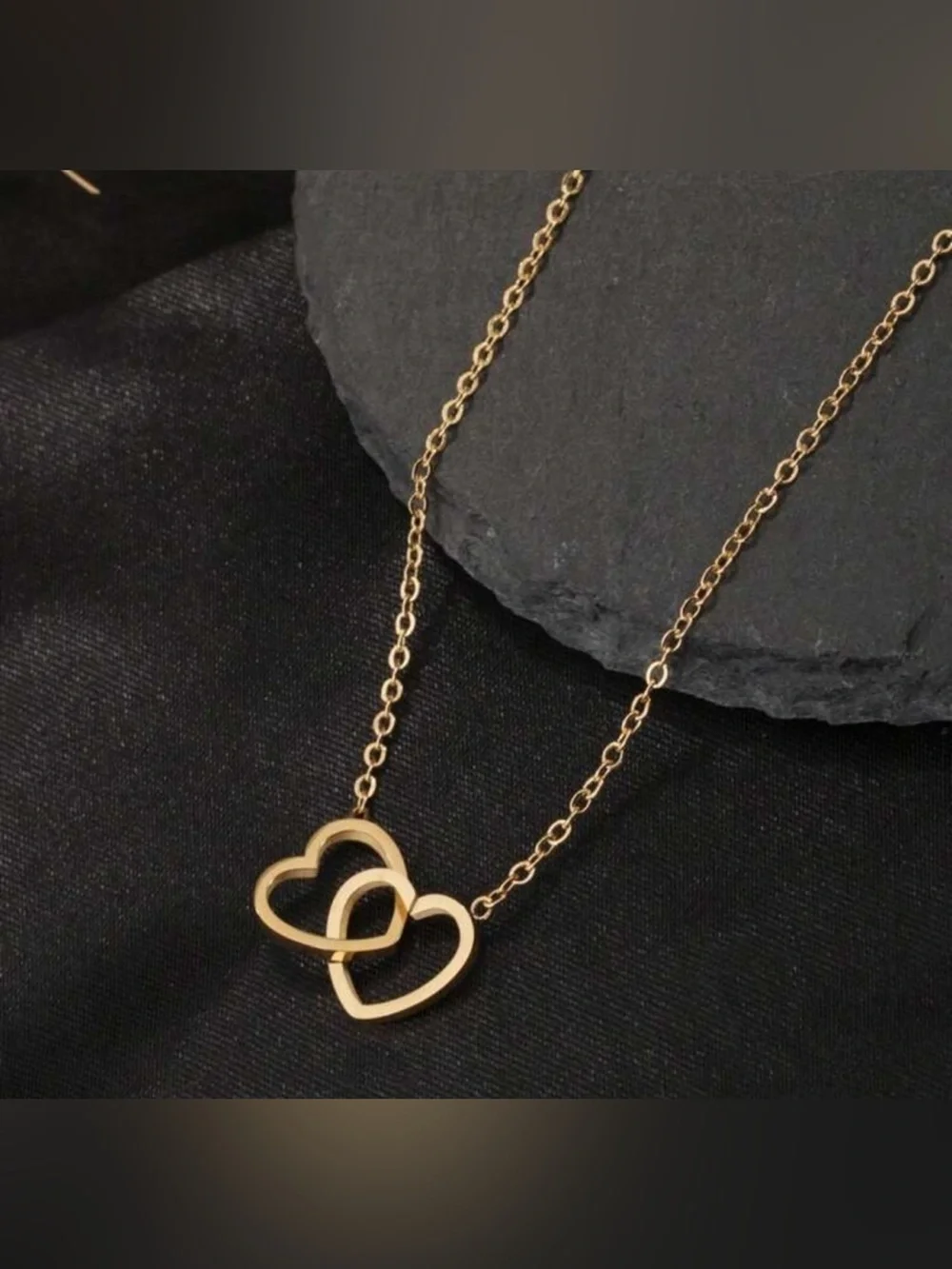 Gold Plated Stainless Steel Double Heart Pendant Necklace
